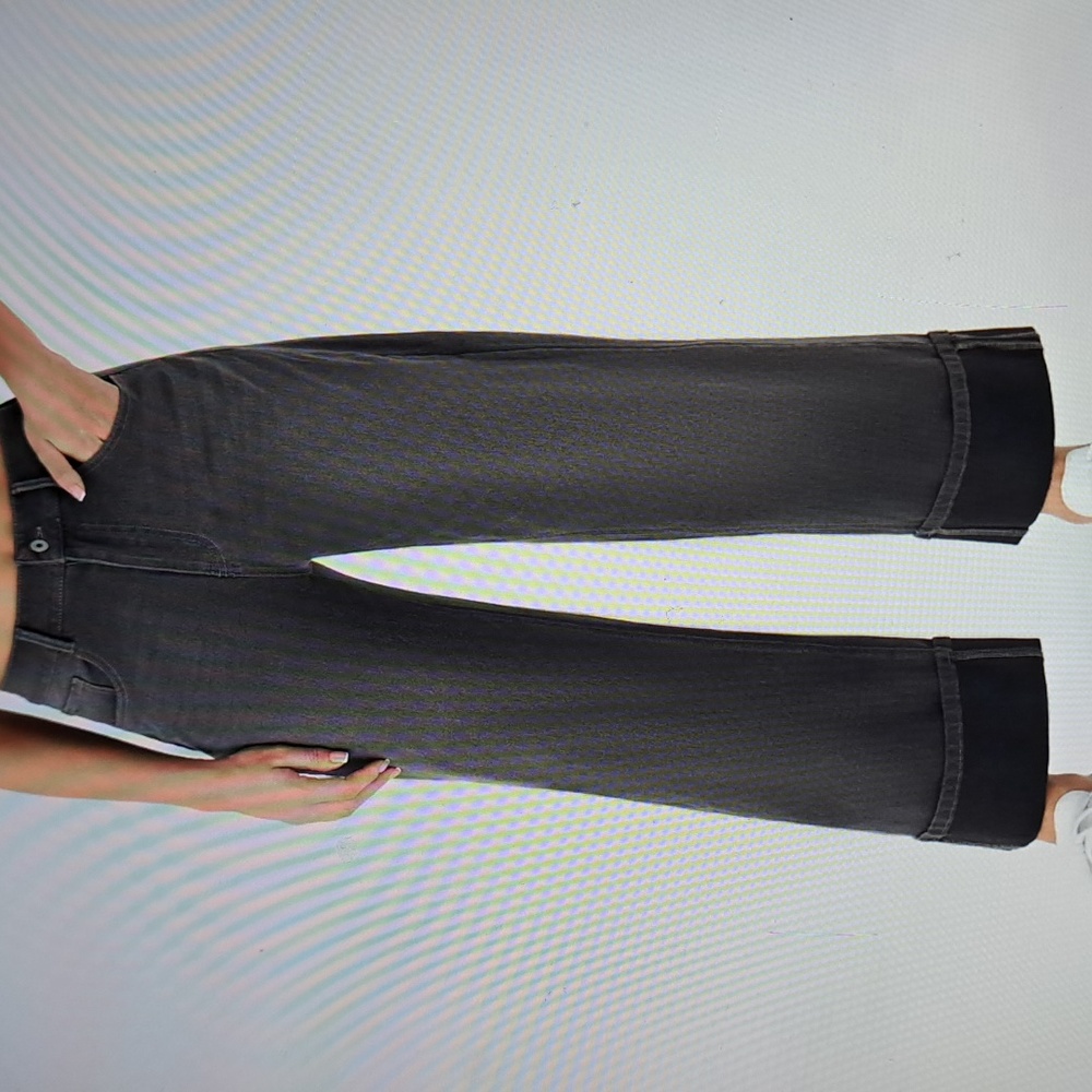 LARGE       HALARA MULTIPLE POCKETS ROLLED HEM WIDE LEG CASUAL JEAN